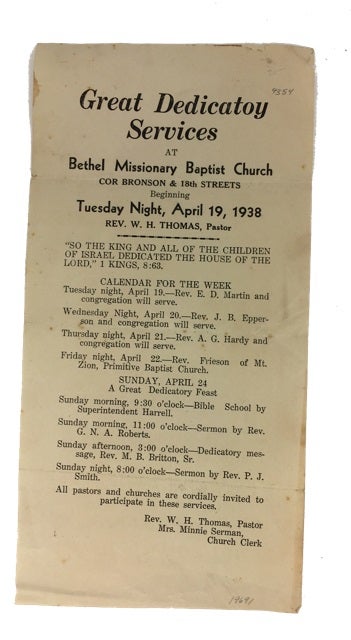 Item #19691 Great Dedicatoy [sic] Services ... Tuesday Night, April 19, 1938. Bethel Missionary Baptist Church.