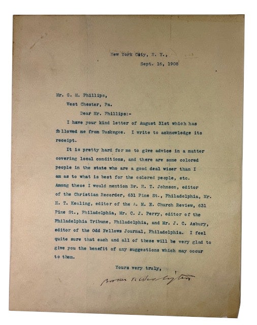 Item #57642 Typed Letter, signed, dated September 16, 1908. To G. M. Phillips of West Chester, Pennsylvania. Booker Taliaferro Washington.