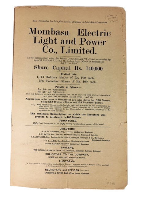 Item #60948 Articles of Association [and] Prospectus. Mombasa Electric Light, Limited Power Co.