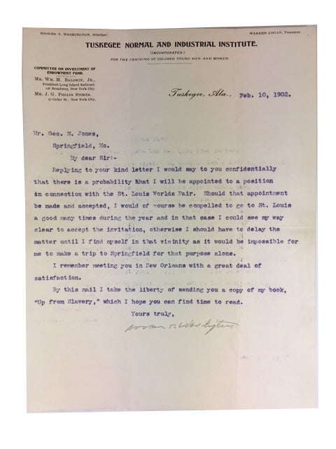 Item #65116 Typed Letter, Signed, to Geo. M. Jones, of Springfield, Mo., dated Feb. 10, 1902. Booker Taliaferro Washington.