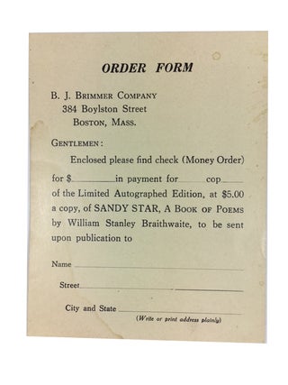 Item #69038 Publisher's Order Form for Sandy Star. William Stanley Beaumont Braithwaite