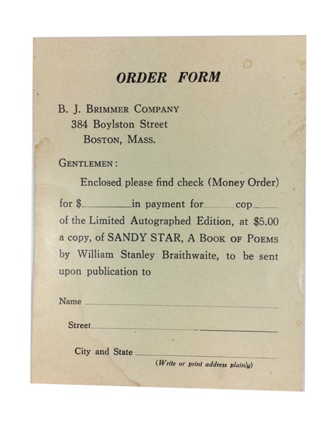Item #69038 Publisher's Order Form for Sandy Star. William Stanley Beaumont Braithwaite.