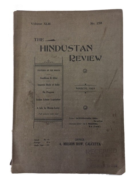Item #70481 Hindustan Review. 28 issues dated between 1921 and 1929.; Includes: Vol. XLIII, Nos. 258-261; Vol. XLIV, Nos. 262-263 (misnumbered as 362) & 265-267; Vol. XLV, Nos. 268-273; Vol. XLVI, Nos. 274-276; Vol. XLVII, No. 277; Vol. L, Nos. 290, 292 and 293; Vol. LI, Nos. 294-298; and Vol. LII, No. 290