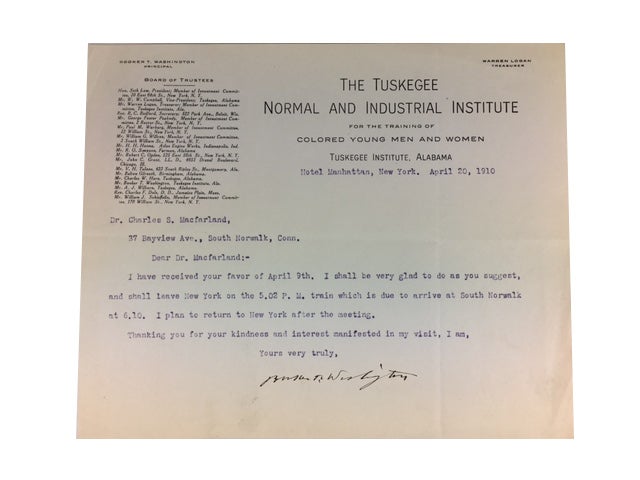 Item #75758 Typed letter, Signed to Dr. Charles S.Macfarland, dated April 20, 1910. Booker Taliferro Washington.