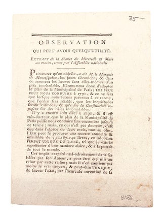 Item #81556 Observation qui peut avoir quelqu'utilite: Extrait de la Seance