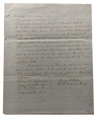 Item #82401 Appraisal of South Carolina Slave who had been Impressed in 1862. Slave Document