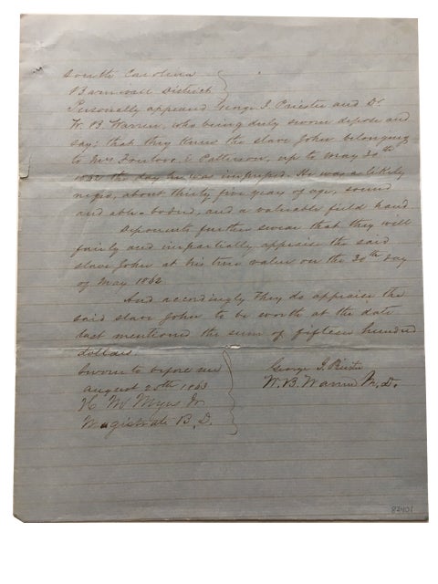 Item #82401 Appraisal of South Carolina Slave who had been Impressed in 1862. Slave Document.