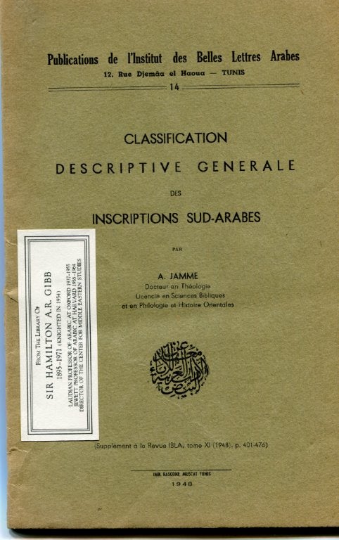Item #84085 Classification Descriptive Generale des Inscriptions Sud-Arabes. Albert Jamme.