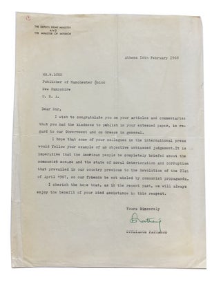 Item #84100 Typed Letter, signed. Dated Feb. 14, 1968. Addressed to W. Loeb, publisher of the...