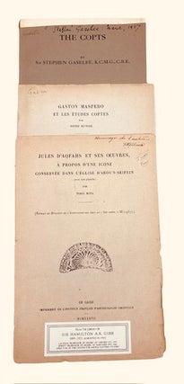Seven Offprints or Extracts from the 1930s relating to the Copts and the Coptic Religion; Includes: (1) La Geographie de l'Egypte d'apres les listes Coptes-Arabes," by H. Munier; (2) Ein Alter Kelchthron in der Kirche Abu Sefen," by Georg Graf; (3) "Notes on the Ethnology of the Copts considered from the Point of View of Their Descendence from the Ancient Egyptians," by Georgy Sobhy; (4) De l'Egypte Grecque a l'Egypte Copte," by Pierre Jouguet; (5) Gaston Maspero et les Etudes Coptes," by Henri Munier; (6) "The Copts," by Stephen Gaselee; and (7) Jules d'Aqfahs et ses Oeuvres a propos d'une Icone conservee dans l'Eglise d'Abou's-Seifein, by Togo Mina.