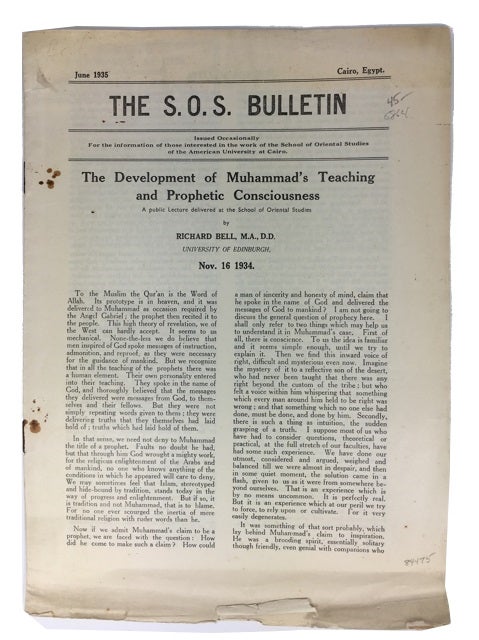 Item #84475 The Development of Muhammad's Teaching and Prophetic Consciousness: A Public Lecture Delivered at the School of Oriental Studies. Richard Bell.
