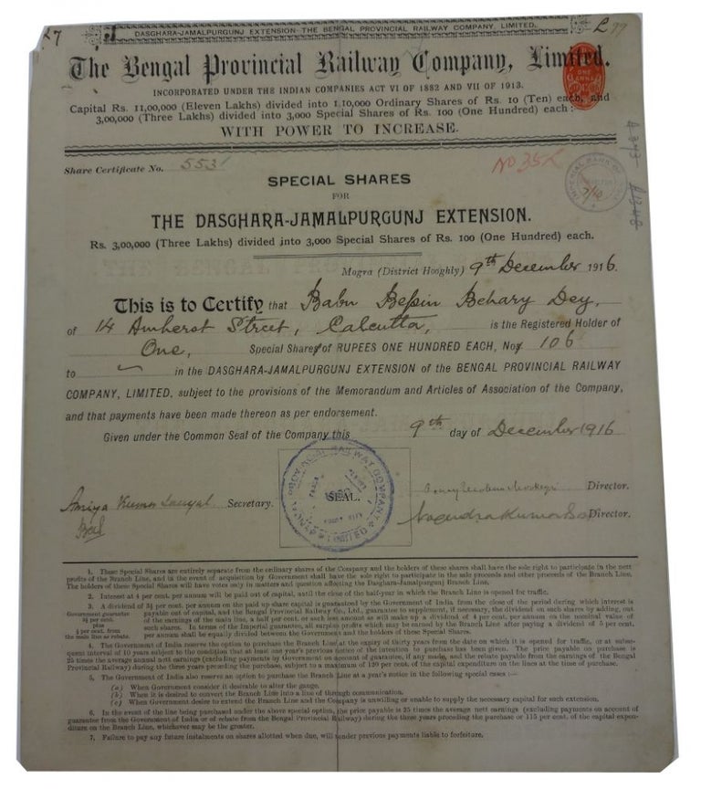Item #85287 Certificate for One Special Share costing 100 rupees for the Dasghara-Jamalpurgunj Extension. Dated 9th December 1916. Limited Bengal Provincial Railway Company.