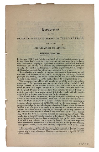 Item #87830 Prospectus of the Society for the Extinction of the Slave Trade and for the Civilization of Africa. Society for the Extinction of the Slave Trade, for the Civilization of Africa.