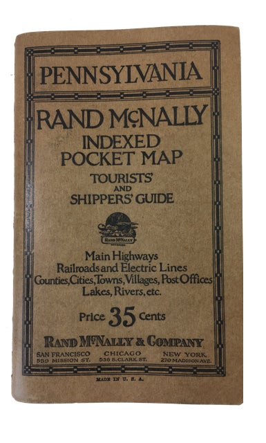 Item #88111 Rand McNally Indexed Pocket Map Tourists' and Shippers' Guide of Pennsylvania Railroads, Electric Lines, Post Offices, Express Telegraph and Mail Service. Counties, Cities, Towns. Villages, Rivers, Lakes Islands, Creeks, Mountains, etc. Air Service Landing Fields Population According to the Latest Official Census Main Highways