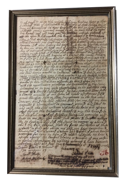 Item #88495 Original Bill of Sale conveying 23 acres of land in Killingworth from Obadiah Platts to William Willcocks in 1737 for the sum of 8 pounds current money. Connecticut Killingworth.