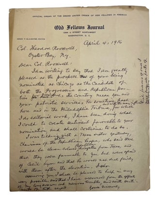 Item #88499 Unsigned holograph draft of an April 4, 1916 Letter to Theodore Roosevelt. Henry...