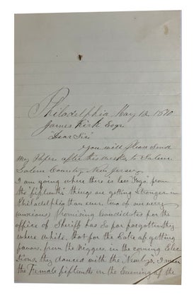 Item #88553 Autograph Letter, Signed. Dated May 12, 1870. Addressed to James Kirk. Darrah Dr, of...
