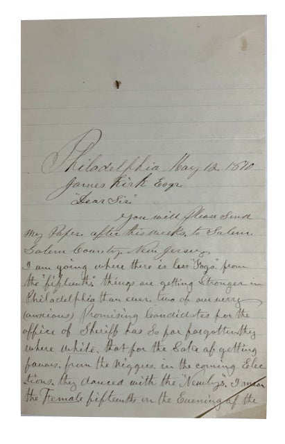 Item #88553 Autograph Letter, Signed. Dated May 12, 1870. Addressed to James Kirk. Darrah Dr, of Philadelphia.