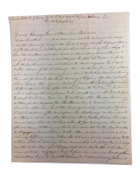 Item #88811 Civil War Soldier's Letter Dated February 28, 1863 and sent from New Orleans to His Brother back in Massachusetts. Jonas Corey.