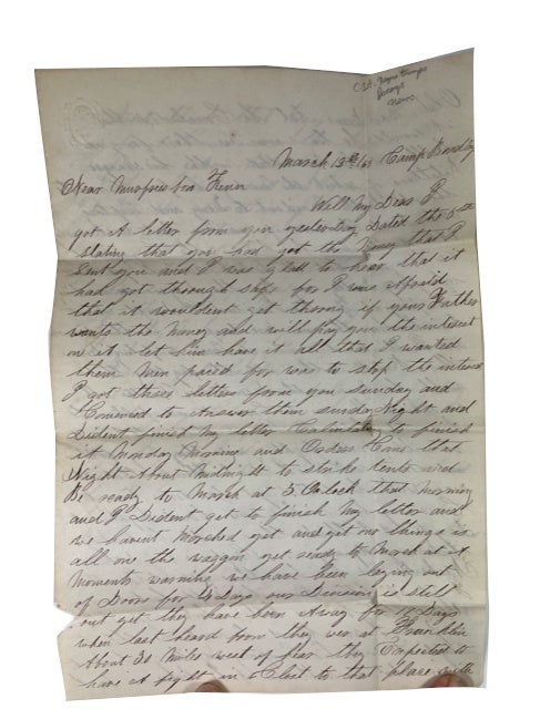 Item #88840 Union Soldier's Letter to His Wife in Vermillion County, Illinois. Dated March 12, 1863. Sent from Camp Bradley near Murfreesboro, Tennessee. Smith, avid, ckley.