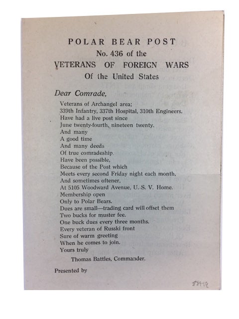 Item #88999 Polar Bear Post No. 436 of the Veterans of Foreign War of the United States. [title on first page]