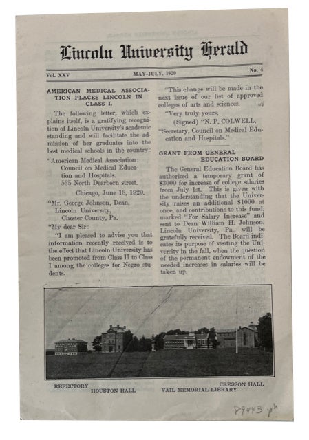 Item #89443 Lincoln University Herald, Vol. XXV, No. 4. (May-July 1920). Pennsylvania Lincoln University.