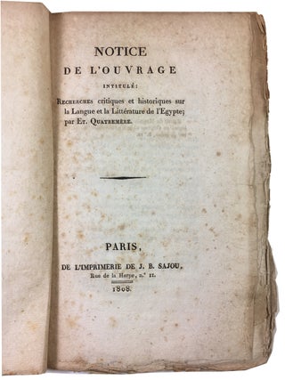 Item #89674 Notice de L'ouvrage Intitule Recherches Critiques et Historiques sur la Langue et la...