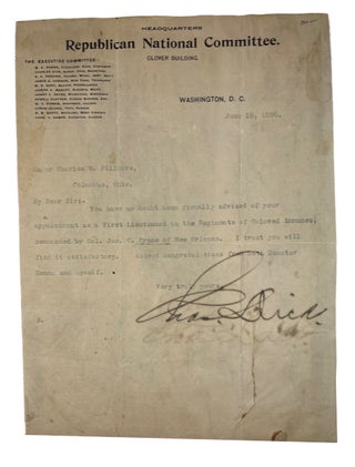 Item #89977 Brief One Page Typed Letter Signed to Charles W. Fillmore. Letterhead of Headquarters...