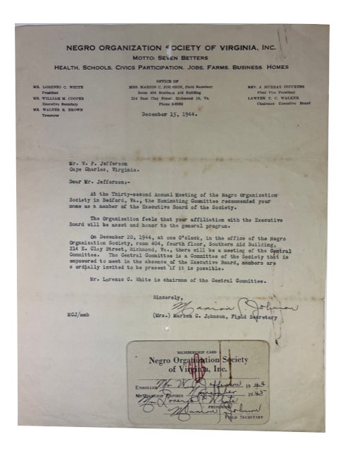 Item #90033 Typed Letter Signed to W. P. Jefferson of Cape Charles, Virginia. Dated December 15, 1944. Inc Negro Organization Society of Virginia.