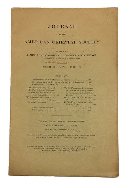 Item #90132 Journal of the American Oriental Society, Vol. 39, Part 3 (June, 1919)