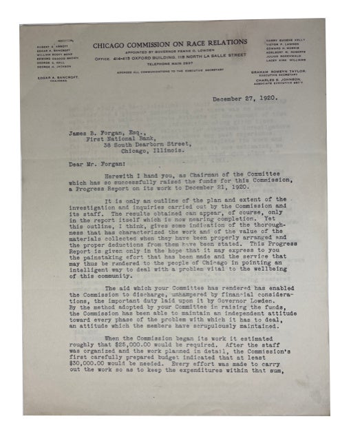 Item #90800 Unsigned Copy of a Two-Page Typed Letter to James B. Forgan about the Chicago Commission on Race Relations. Edgar A. Bancroft.