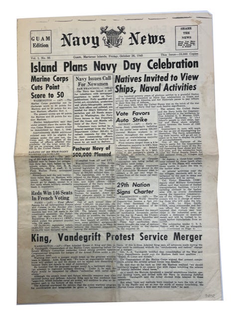 Item #90802 Navy News, [Guam Edition]. Vol. 1, No. 95 (Oct. 26, 1945)