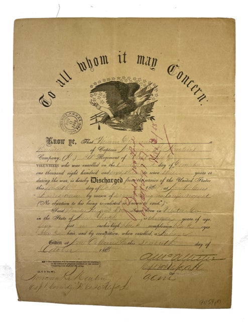 Item #91154 Discharge of Private Hiram Dumond from the 20th Regiment, U.S Colored Infantry. Dated October 7, 1865 in New Orleans, Louisiana. Dumond had joined the military for a term of three years on December 22, 1863. Laborer is listed as his occupation. Dumond is recorded as having been born in Ulster County, N.Y. Civil War.
