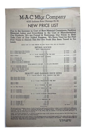 Item #91285 M-A-C Mfgr. Company 4015 Indiana Ave. Chicago 15, Ill. New Price List. M-A-C Mfgr....