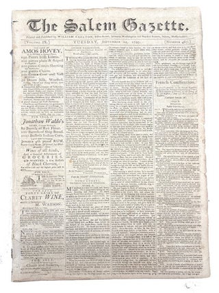 Item #91431 The Salem Gazette, Volume IX, Number 467 (Tuesday, September 22, 1795