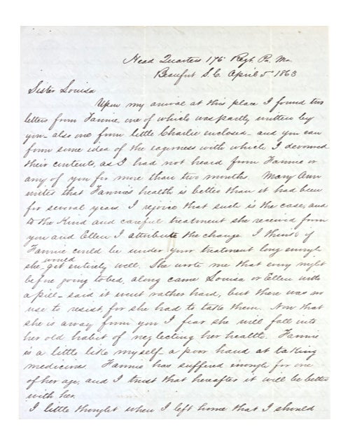 Item #91698 Autograph Letter from E. B. Dreher to his Sister. Return address is Headquarters 176 Regt, Pa. Ma., Beaufort, S.C. E. B. Dreher.