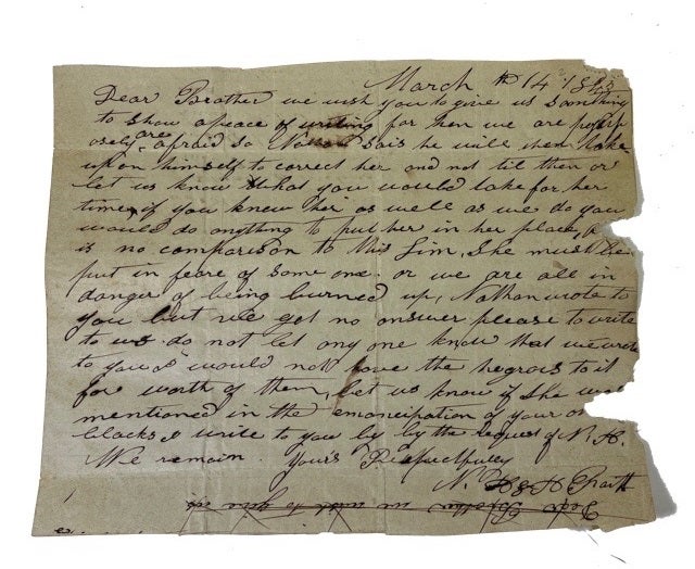 Item #92600 Holograph Letter dated March 14, 1843 which appears to be a request to be allowed to chastise or physically punish an unnamed female slave. N. H. Chaitt, or Chait.