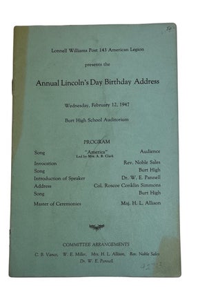 Item #92713 Lonnell Williams Post 143 ... presents the Annual Lincoln's Day Birthday Address...