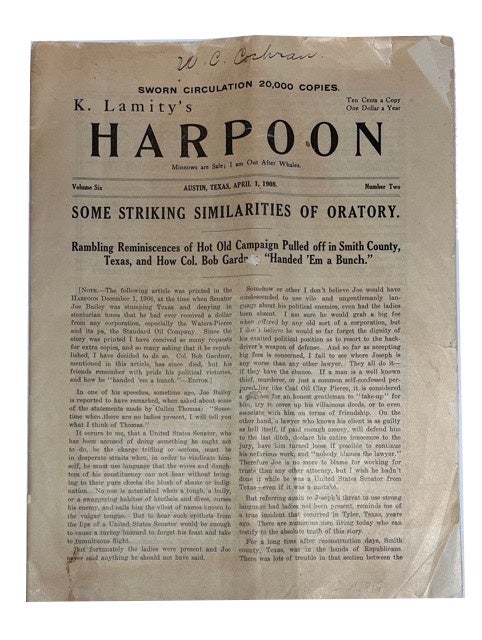 Item #92818 K. Lamity's Harpoon. Vol. 6, No. 2, Austin, Texas , April 1, 1908.
