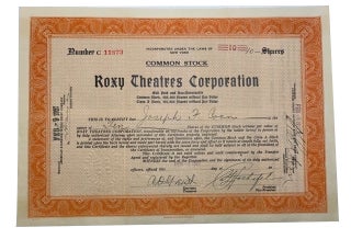 Item #93009 Roxy Theatres Corporation. Number C 11873 10 shares. Dated Feb. 9, 1927. Stock...