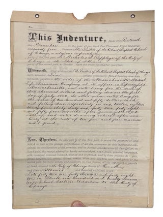 Trust Deed. The Trustees of the Olivet Baptist Church of Chicago to Nicholas B. Rappleye use of The Massachusetts Mutual Life Insurance Company. Dated December 14, 1875. Executed by William S. Johnson, T. Cooper, Albert C. Brown, D. B. Peyton and John Enders as Trustees of Olivet Baptist Church. This Deed of Trust was executed to secure repayment of a series of Promissory notes executed by the Trustees of Olivet Baptist Church obligating them to pay what seems to be a total of $4350 to The Massachusetts Memorial Life Insurance Company at various fixed dates over the next 54 months ending on July 1, 1880. Repayment was secured by three lots, presumably those on which Olivet Baptist was located.