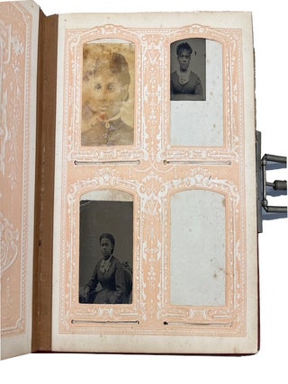 Red Padded Late 19th Century album of African American Interest. Contains about 15 Cabinet Cerd-Sized Photos, 8 carte de Visite photos, 21 tintypes and a few other images. 4 cabinet cards each from photographers in Pittsfileld, MA, Great Barrington, MA, and Hudson, NY. Probably belonged to an African American family in Western Massachusetts or the Hudson Valley of New York.