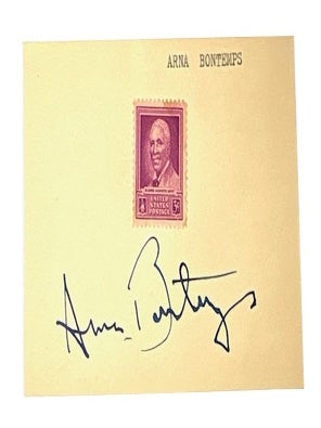 Item #95593 Arna Bontemps Autograph on with pink 3 cent stamp in center. Arna Bontemps