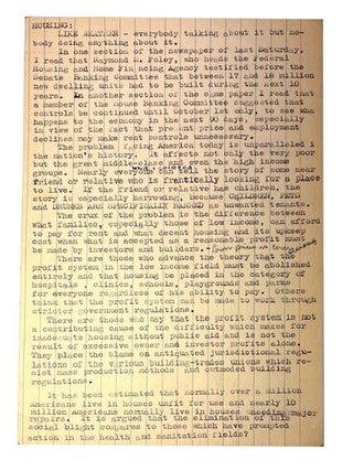 Race Relations Institute Tuesday, February 8, 1949 Central Y.M.C.A. Dayton, Ohio: Sponsored by Community Relations Committee of the Dayton Urban League. Laid in are Dr. Florence Hornbeck's closely typed remarks on housing on two large notecards presumably prepared for delivery at the Housing session where she was listed as one of the discussants.