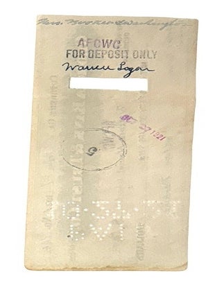 Cancelled check from Alex Perkins for $50 drawn on Georgia Bank & Trust Co. and payable to Tuskegee Normal School. Dated October 21, 1921. "Scholars Tuition" in memo line. AFCWC stamped in purple above "Tuskegee Normal School" in payee line.