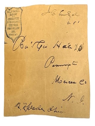 Item #95828 Center portion of front side of envelope with badge-shaped blue stamp in upper left...