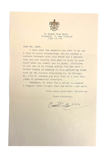 Typed Letter, Signed by Cullen and dated June 14, '44 offering friendly ...