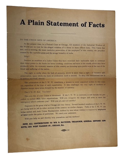 Item #96189 A Plain Statement of Facts. Industrial Workers of the World.
