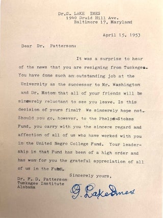 Item #96400 Typed Letter Signed. April 15, 1953. George Lake Imes